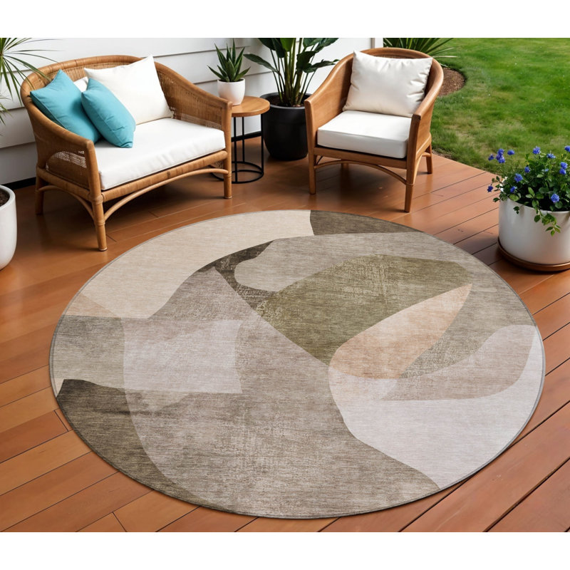 Tapis extérieur rond lavable abstrait taupe et beige 8 '