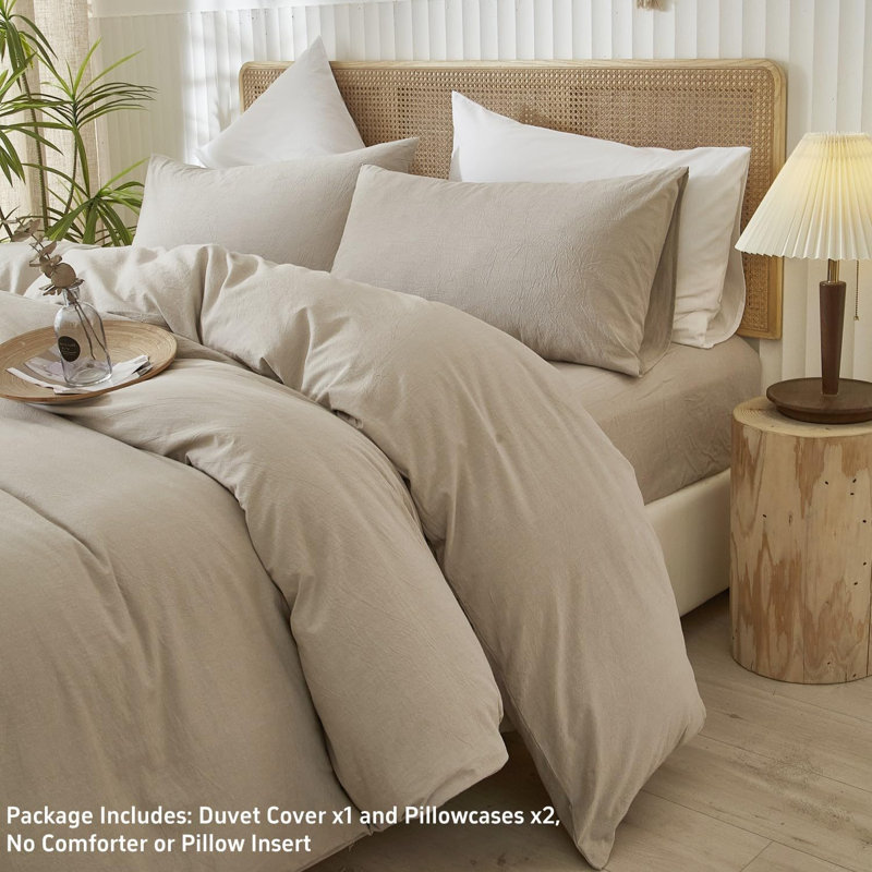 Ensemble de housse de couette 100% coton délavé LifeTown, Housse de couette grand + 2 taies d'oreiller, Gris crème