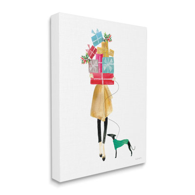 " Cheerful Woman Holding Various Holiday Gifts And Dog " by Mercedes Lopez Charro
