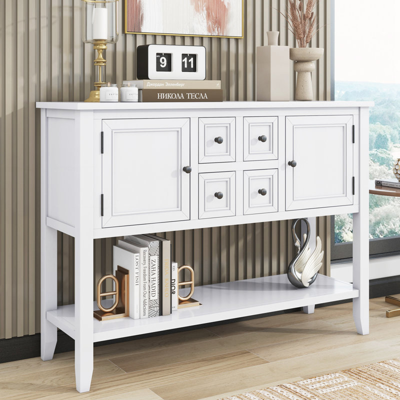Ample console de rangement rétro avec quatre petits tiroirs, Blanc