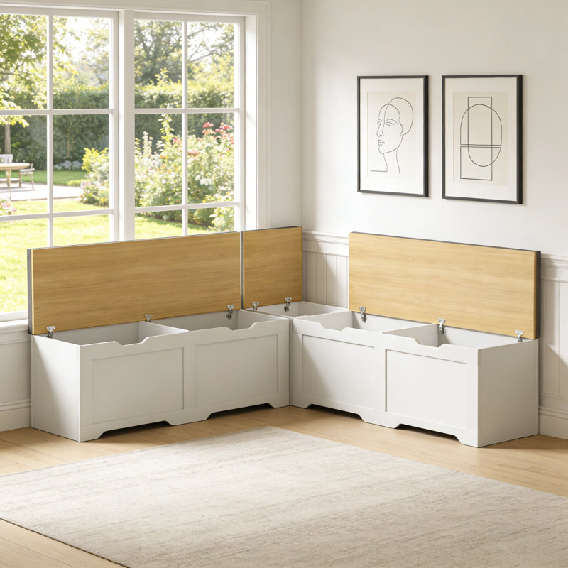 Banc de rangement en L en forme de L avec coussin, siège de cuisine modulaire 3 pièces et coffre de rangement pour jouets