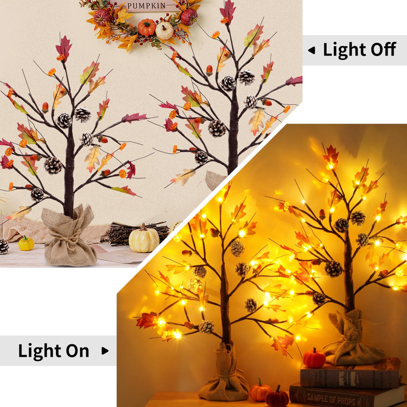 2 Pack of 24-Inch LED Lighted Artificial Fall Oak Maple Pumpkin Trees for Autumn Decor.