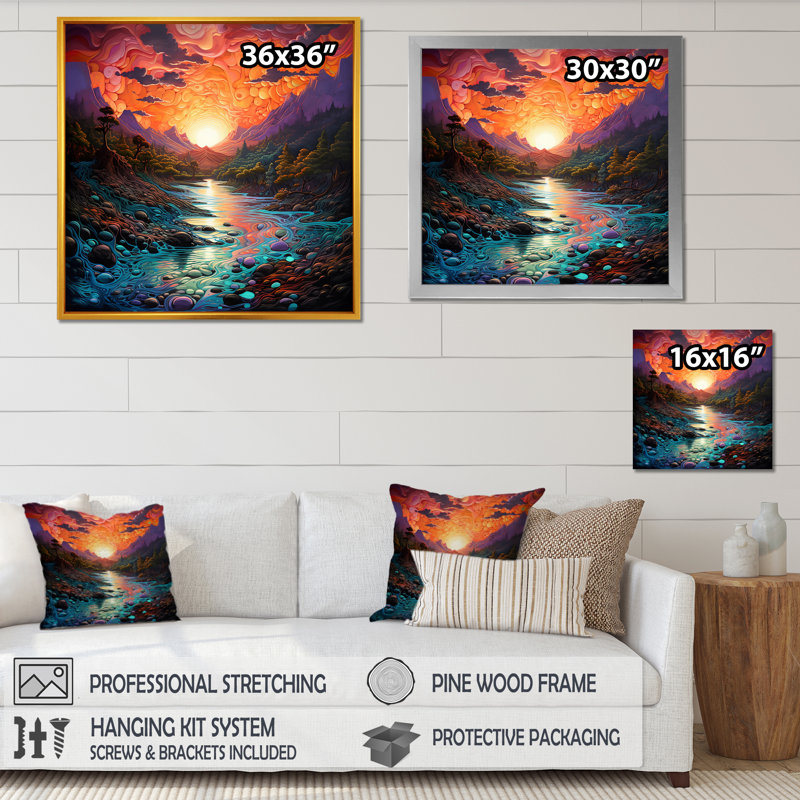 Coucher de soleil sur une rivière de montagne sur toile, Cadre flottant doré, 36" H x 36" W