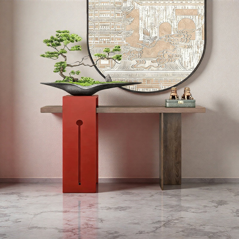 Console de hall d'entrée en bois massif, 35.43" H x 47.24" W x 11.81" D, Rouge / Noir