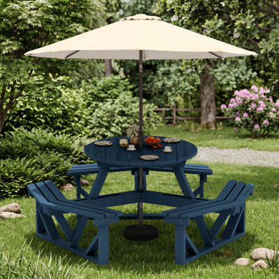 Ensemble de table de pique-nique d'extérieur HDPE pour 6 personnes, banc de patio hexagonal tout-en-un avec plateau rond pour terrasse de jardin
