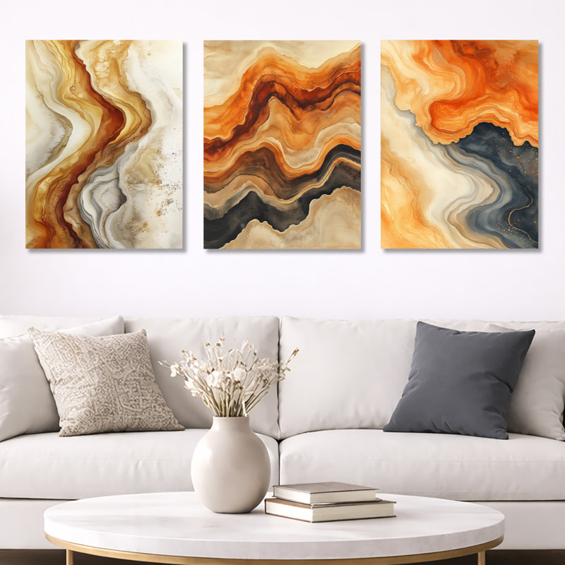 «Warm Earth Flow - Abstract Marble», art mural 3 pièces, Wrapped Canvas, 32" H x 72" W