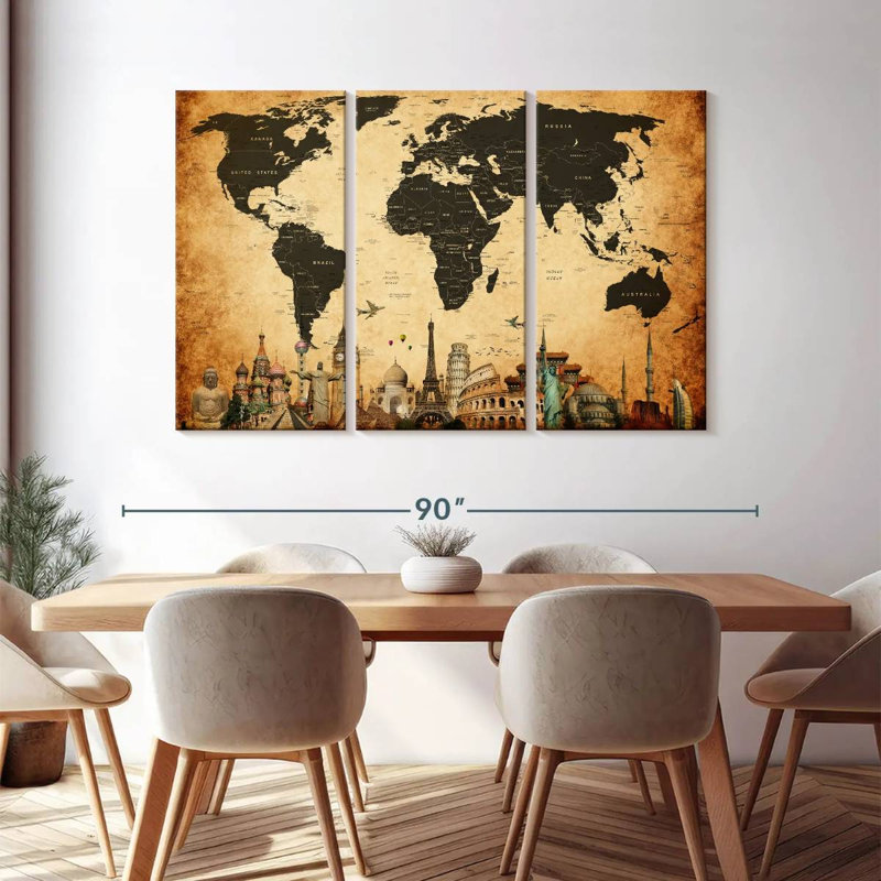 Carte du monde rétro, impression sur toile, H 74 po x l 48 po x P 1,25 po