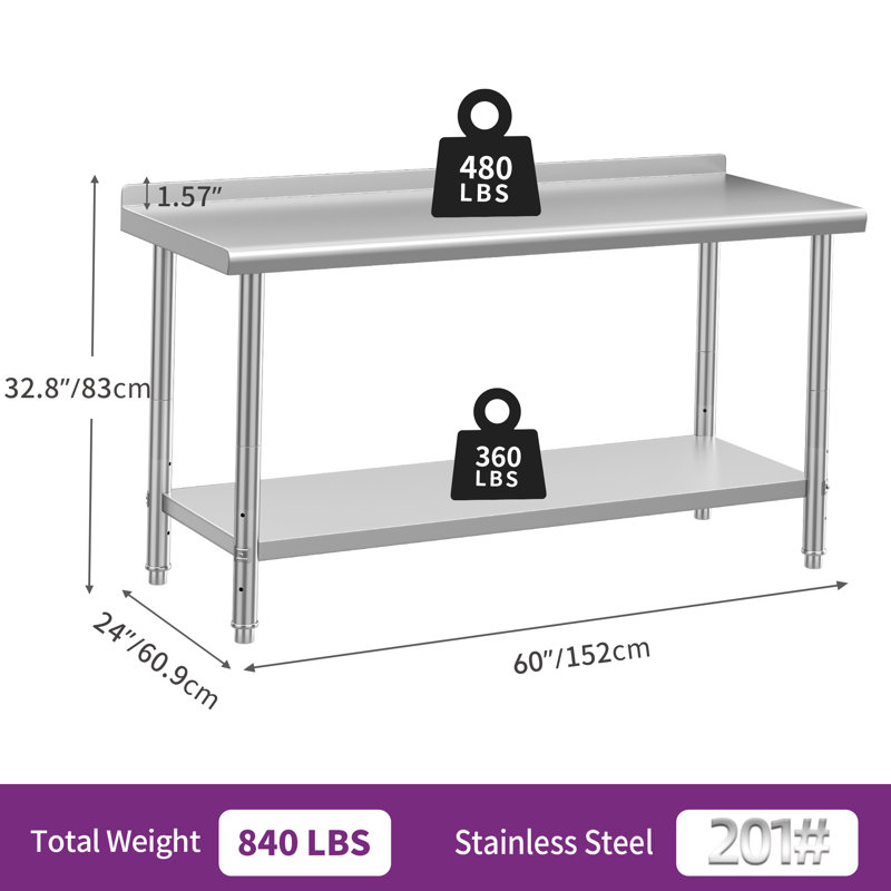 Adjustable Stainless Steel Table for Prep & Work with Backsplash, 32.8" H x 60" W x 24" D