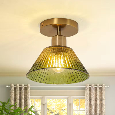 7-Inch Single-Head Brass Semi-Flush Mount Ceiling Light With Green Glass Shade, Vintage Style For Hallway, Bedroom, And Entryway - Hardwired, 120V, No Battery Needed, Modern Metal Finish
