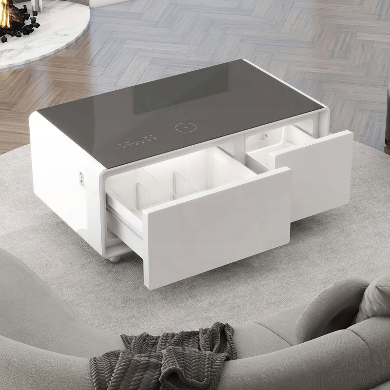 Table basse intelligente avec tiroirs réfrigérés intégrés, haut-parleur Bluetooth et chargement sans fil - blanc, Blanc
