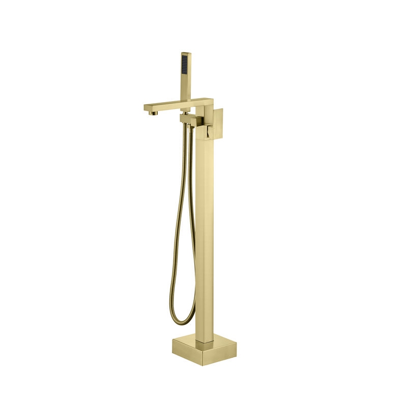 Solid Brass Floor Mounted Bathroom Tub Faucet With Handshower, Brushed Gold