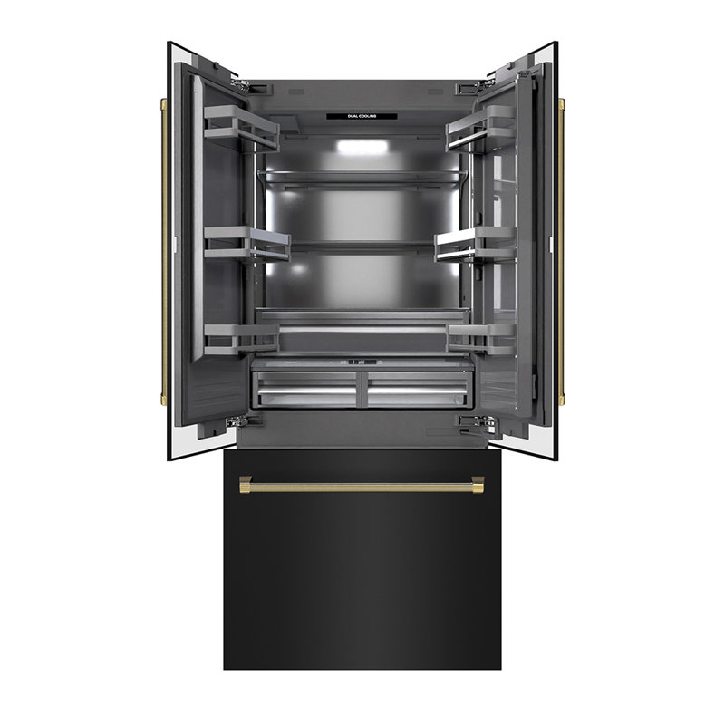 ZLINE Autograph 36 in. Black Steel French Door Refrigerator w/ Gray Interior & Bronze Helix Handles, Gold