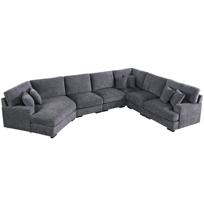 170.5" Oversized Corner Sectional Chenille Sofa With Chaise Lounge & 6 Toss Pillows, Gray