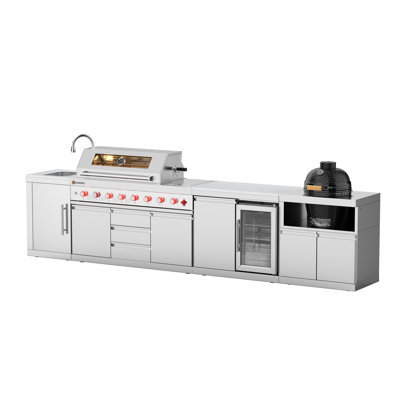 Îlot de cuisine extérieur modulaire 4 pièces VESTIVium - Barbecue au gaz à 6 brûleurs, armoire de cuisson Kamado, évier et réfrigérateur combinés, module de rangement, comptoir en quartz blanc, acier inoxydable (NG)