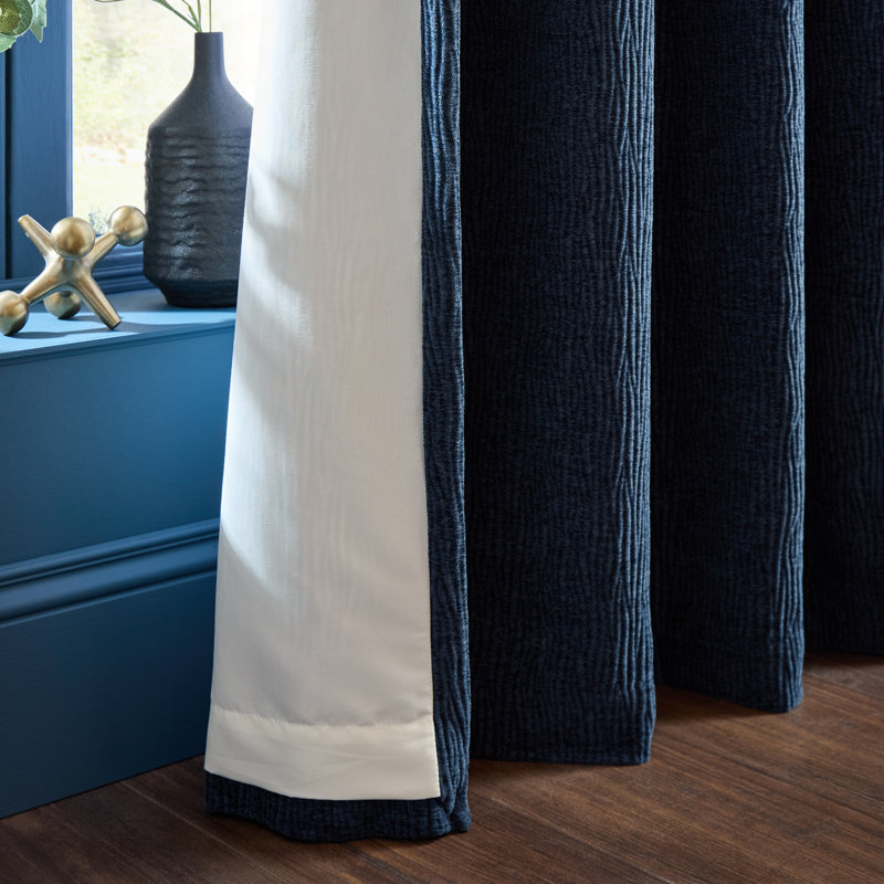 Crinkle Chenille Lined Eyelet Curtains, Blue, 46 x 72 Inch