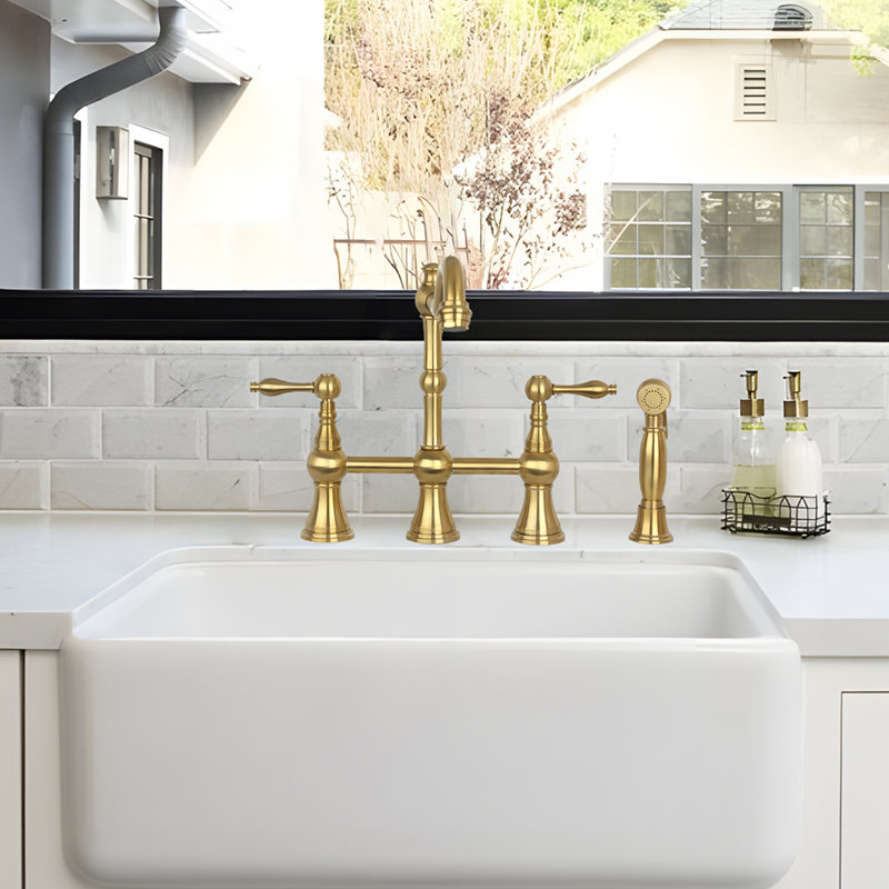 Brass Heritage Bridge Kitchen Faucet with Side Spray 2 Handles, Brushed Gold