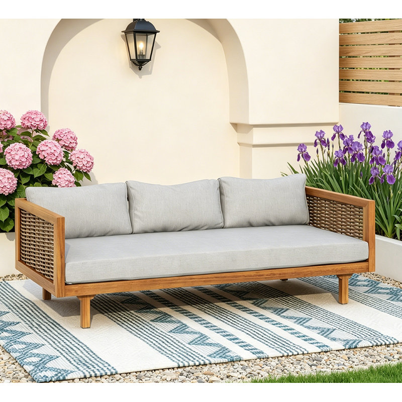 Acacia Wood  Patio Lounge Sofa, light gray,Teak Rattan Arm