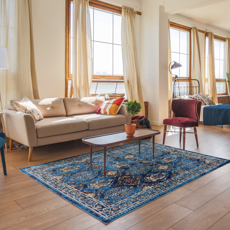 Tapis transitionnel à médaillon bleu / doré Isabella Annet, Rectangle 5 pi 3 po x 7 pi