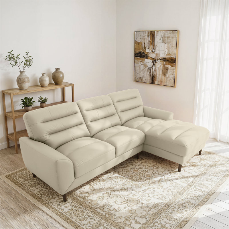 Isbell Contemporary Genuine Leather Sectional Sofa With Channel Stitching, Cream Genuine Leather/Foam Padding