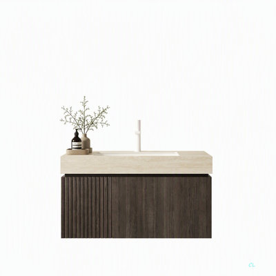 Meuble-lavabo de salle de bain de 91 cm (36 po), armoire de rangement suspendue en contreplaqué avec tiroir et porte, comptoir en pierre frittée de travertin et lavabo en céramique avec 1 trou pré-percé pour robinet, préassemblé