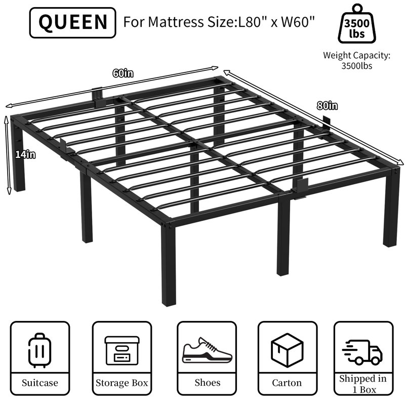 14-Inch High Queen Size Metal Bed Frame with Under-Bed Storage, Easy Assembly, No Box Spring Needed, Black