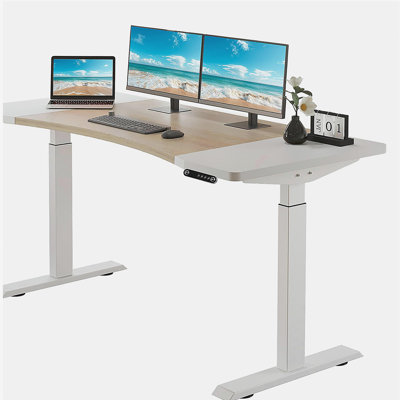 63"×30" Dual Motor Curve Design Height Adjustable Electric Standing Desk Height Stand Up Computer Desk,Sit and Stand Home Office Desk with Splice Board (white&oak desktop+dual motor white frame)