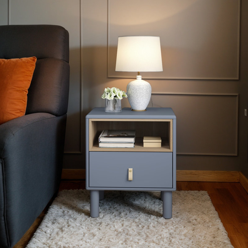 Modern Single Drawer Wood Bedside Table, Compact Nightstand, Nordic Style with Storage, Blue