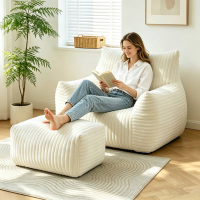 Large Bean Bag Chair with Ottoman,Corduroy Lazy Floor Bean Bag Memory Foam for Living Room Bedroom,Compressed Packing