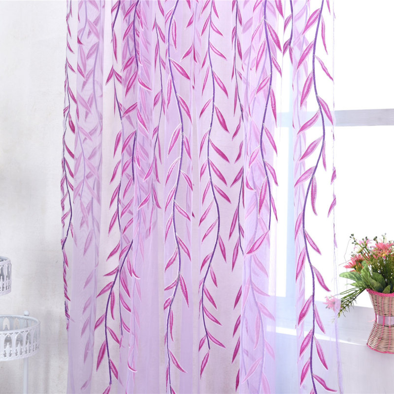 4 panneaux de rideaux transparents mignons à motif de feuilles de saule de style pastorale à motif floral de style saule 39,37 x 78,74 po, mauve