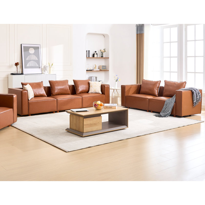 Ensemble de salon configurable en cuir végétalien, Brun