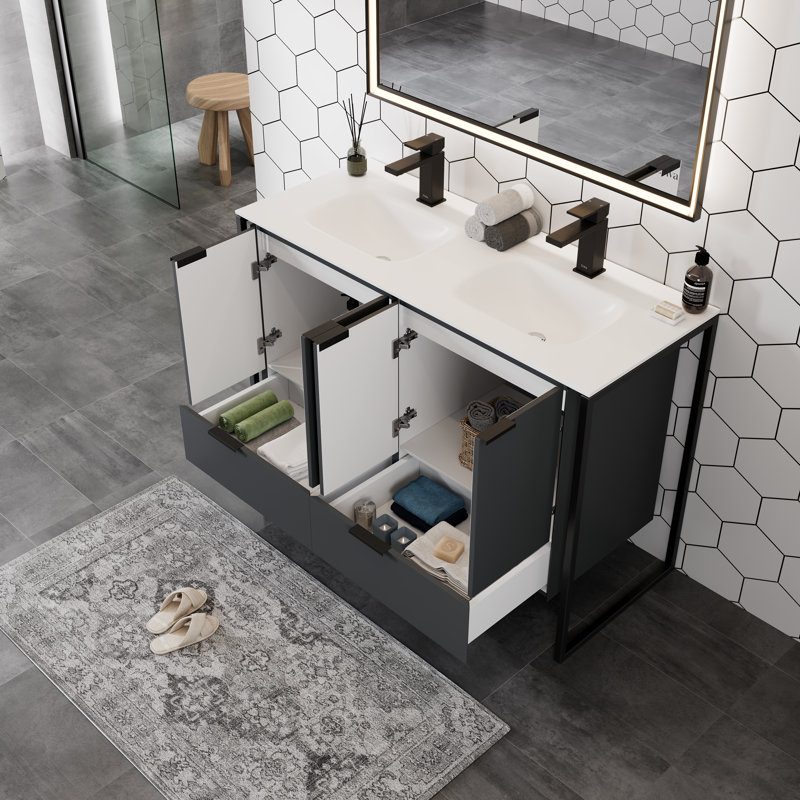 Mendiola  Meuble-lavabo mural double avec surface solide et lavabos intégrés, Gris