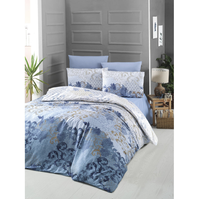 Ensemble de housse de couette 100% coton bleu / blanc / brun Bayviewpark 6 pièces