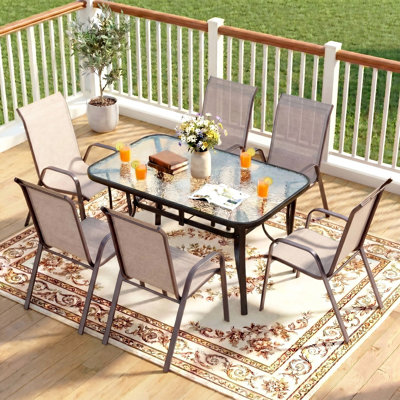 Patio Dining Set For 6, Outdoor Table And Chairs W/1.69?Umbrella Hole, All Weather Patio Furniture Set, 30"X 55" Table And Stackable PVC-coated polyester Chair, For Lawn, Deck (Umbrella Not Included)
