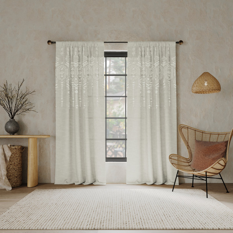 Indigo Road by Egypt Sherrod Palo Global Embroidery Semi-Sheer Rod Pocket Curtain Panel, White, 50" W x 96" L