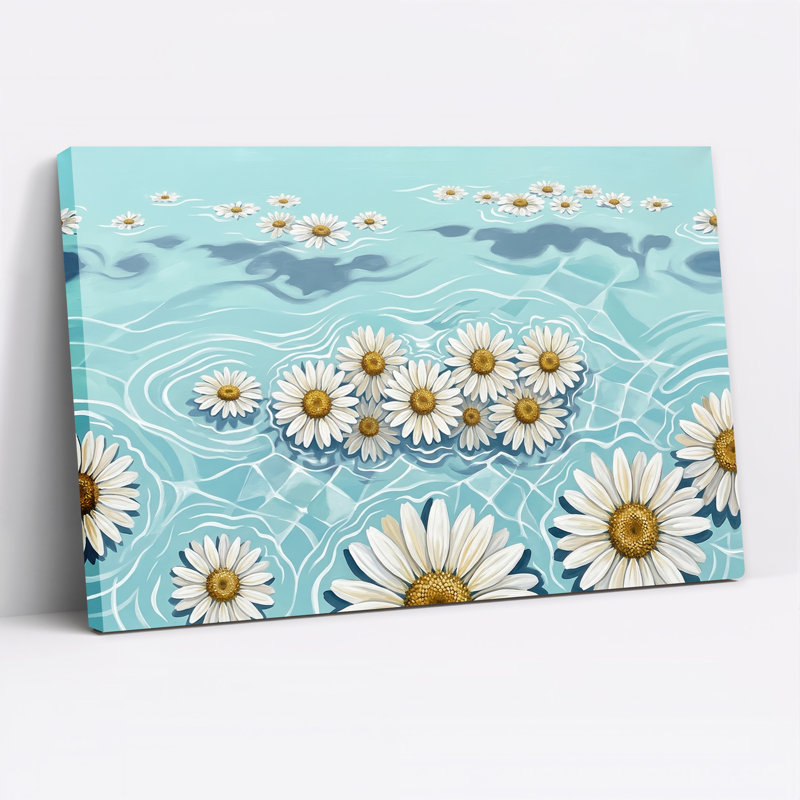 Art mural sur toile "White Daisies" flottant sur l'eau bleue ondulée, H 16 po x l 24 po