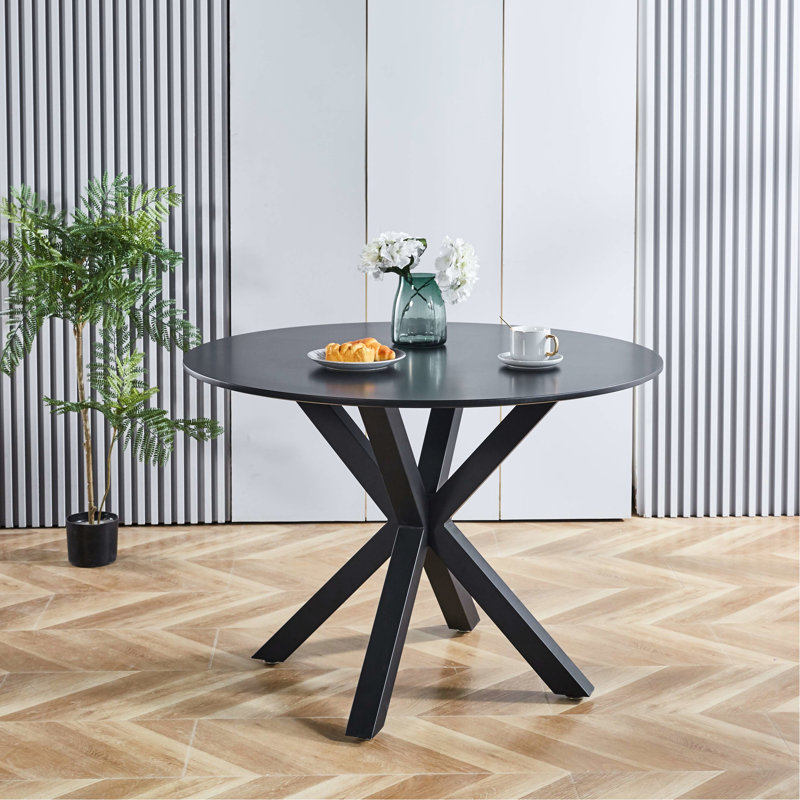 Round 42.1" Black Table With Top And Metal Legs, Suits Various Occasions 42.95 In. Wide Black Dining Table, Top, Strong Legs