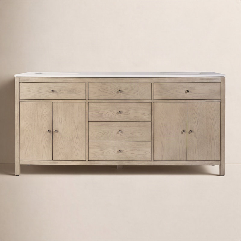 Nora 72 in. W Quartz Double Sink Bathroom Vanity Set, Light Oak