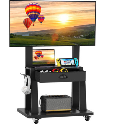 Chariot de télévision mobile avec tiroir pour écran plat / incurvé de 23 à 75 pouces - Meuble télé roulant avec 2 tablettes, hauteur réglable, roulettes verrouillables, support de plancher portatif robuste pour le bureau de la chambre à coucher