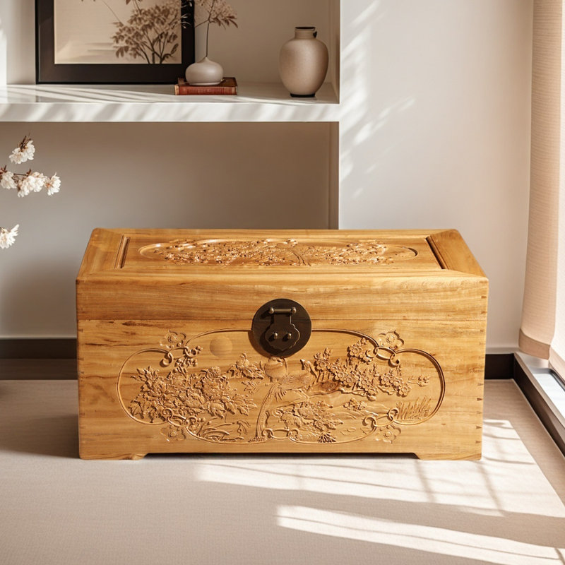Hand-Carved Solid Wood Small Accent Trunk, Burlywood