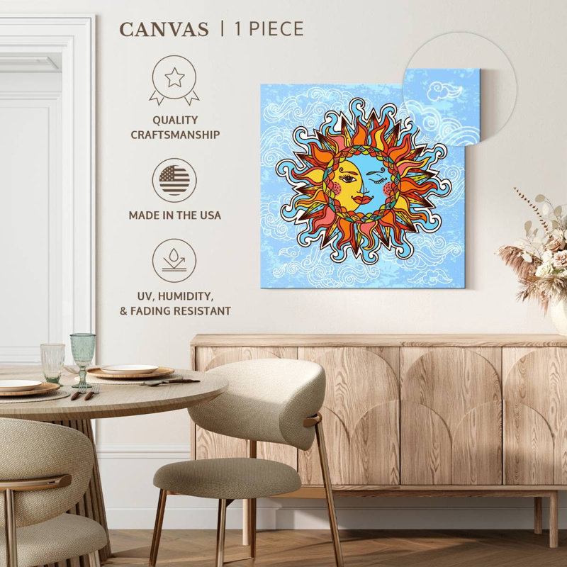 Caricature d'Oberle soleil et lune bohème, H 16 po x l 16 po