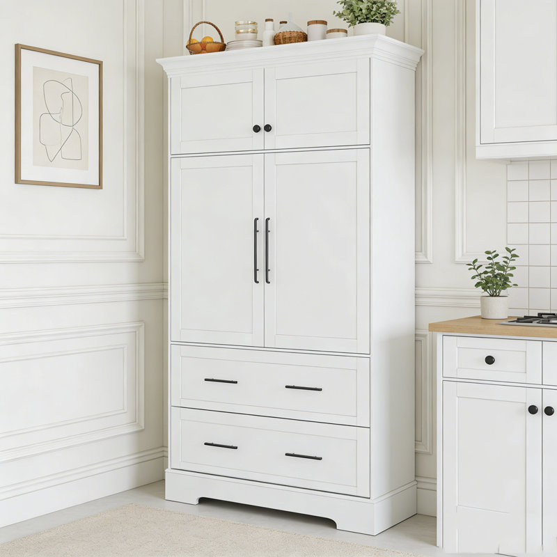 Armoire de rangement 72,6 po, 4 portes avec plateaux coulissants, tiroirs et rangement pour moule à gâteau, Blanc