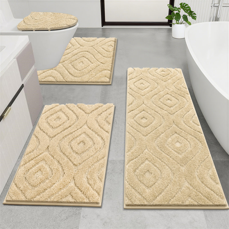 4 Piece Soft Absorbent Microfiber Bath Rug Set With Non-Slip Backing, Beige