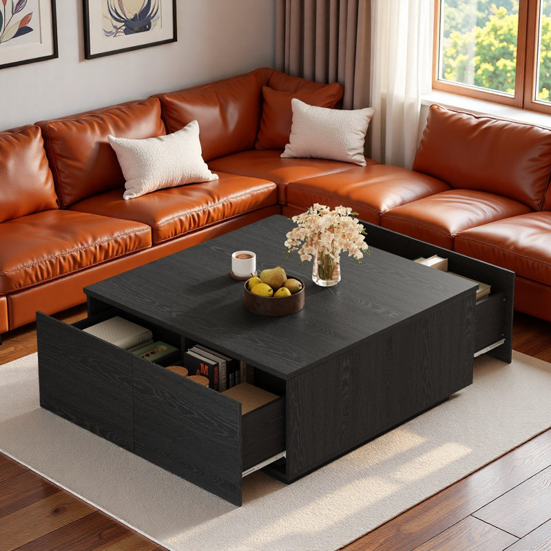 Table basse moderne carrée avec 4 tiroirs, Noir