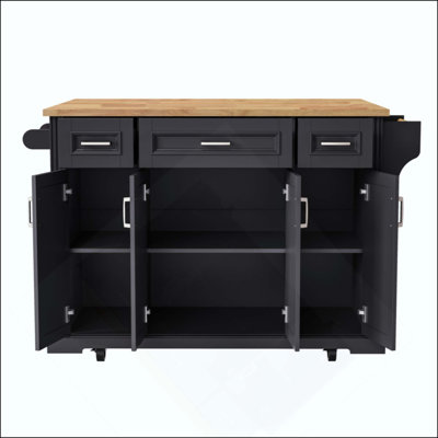 Kitchen Island With Rubber Wood Drop Leaf, Embossed Texture Rolling Kitchen Cart On 4 Wheels With 4 Doors And 3 Drawers, Kitchen Island With Storage For Kitchen, Dining Room