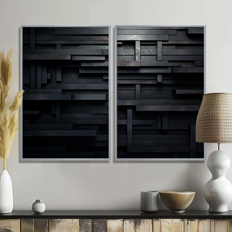 «Black Brick Cube Dimensions V», art mural abstrait géométrique, ensemble de 2 impressions sur toile, H 36 po x l 48 po