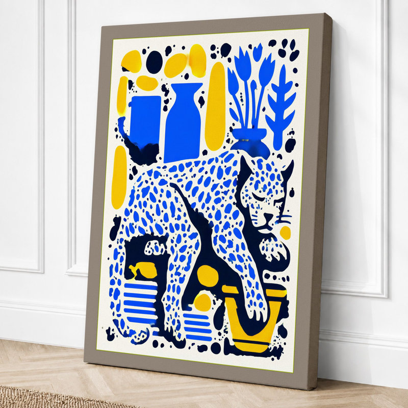 Leopard In Blue Boho - Print, 30x20 - 76.2 x 50.8 cm, Taupe Border