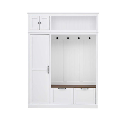 3-In-1 Hall Tree With Overhead Storage, Adjustable Shelves, Heavy-Duty Hooks, Spacious Drawers, And Grooved Back Panel For Entryway Organization