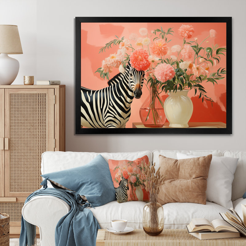 Rose et vert floral, art mural zèbre I, Cadre d'angle fermé noir, H 16 po x l 32 po x P 1 po