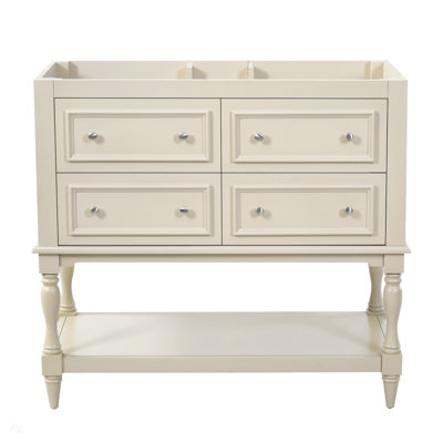 Armoire de salle de bain 36 po, ensemble de meuble-lavabo autoportant avec 4 tiroirs, structure en bois massif, beige