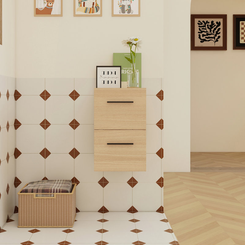 Meuble-lavabo mural flottant avec 2 tiroirs, poignées en aluminium pour des solutions de rangement modernes